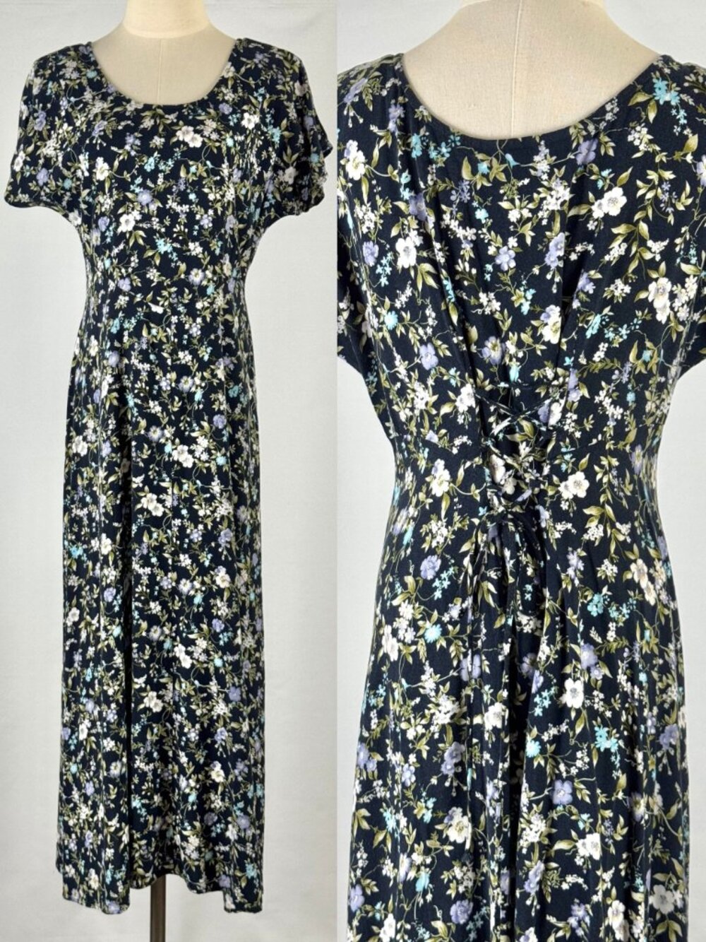 Vtg 90s All That Jazz Black Floral Maxi Dress Lace Up Back Grunge Whimsigoth